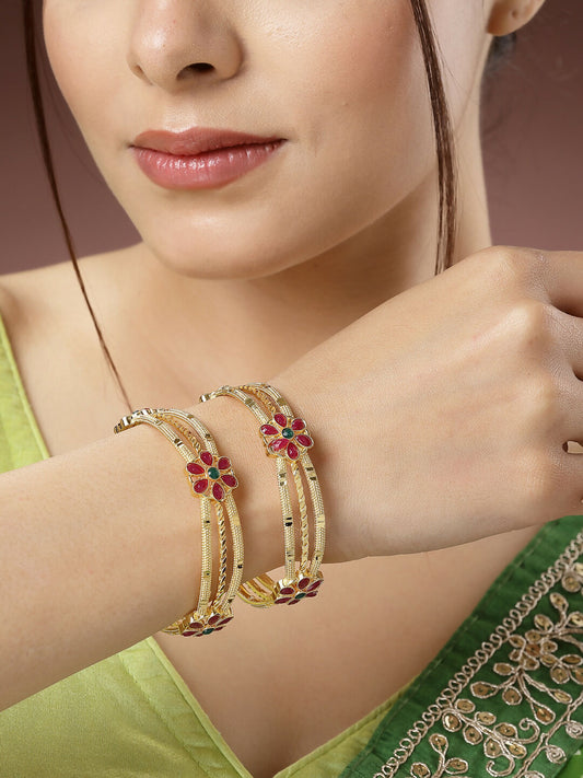 NVR Women's Set of 2 Gold-Polished Artificial Stones Handcrafted Traditional Bangles - Swadesiicart