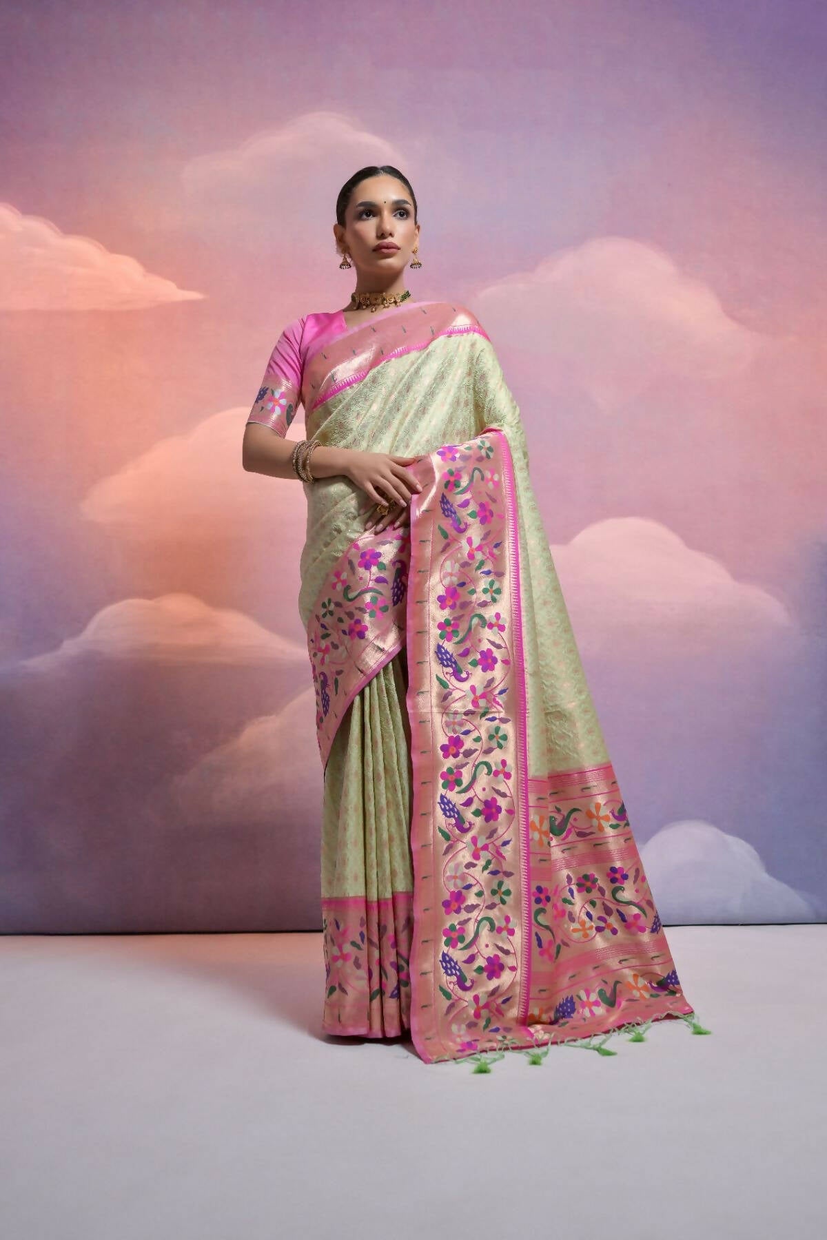 Vishnu Weaves Women's Pista Paithani Silk Zari Woven Saree with Blouse - Swadesiicart