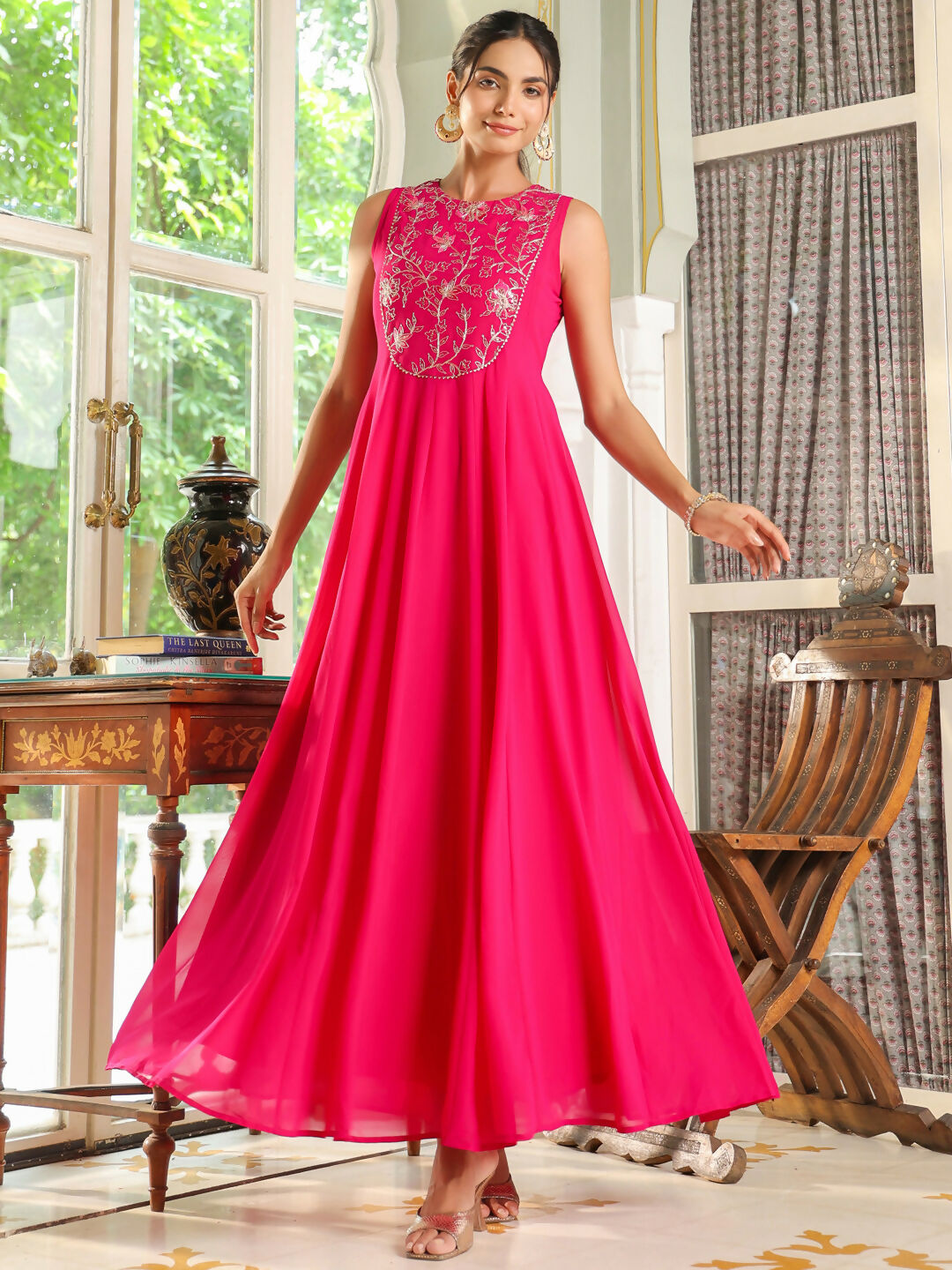 Janasya Pink Georgette Embroidered Dress & Cape | Swadesiicart