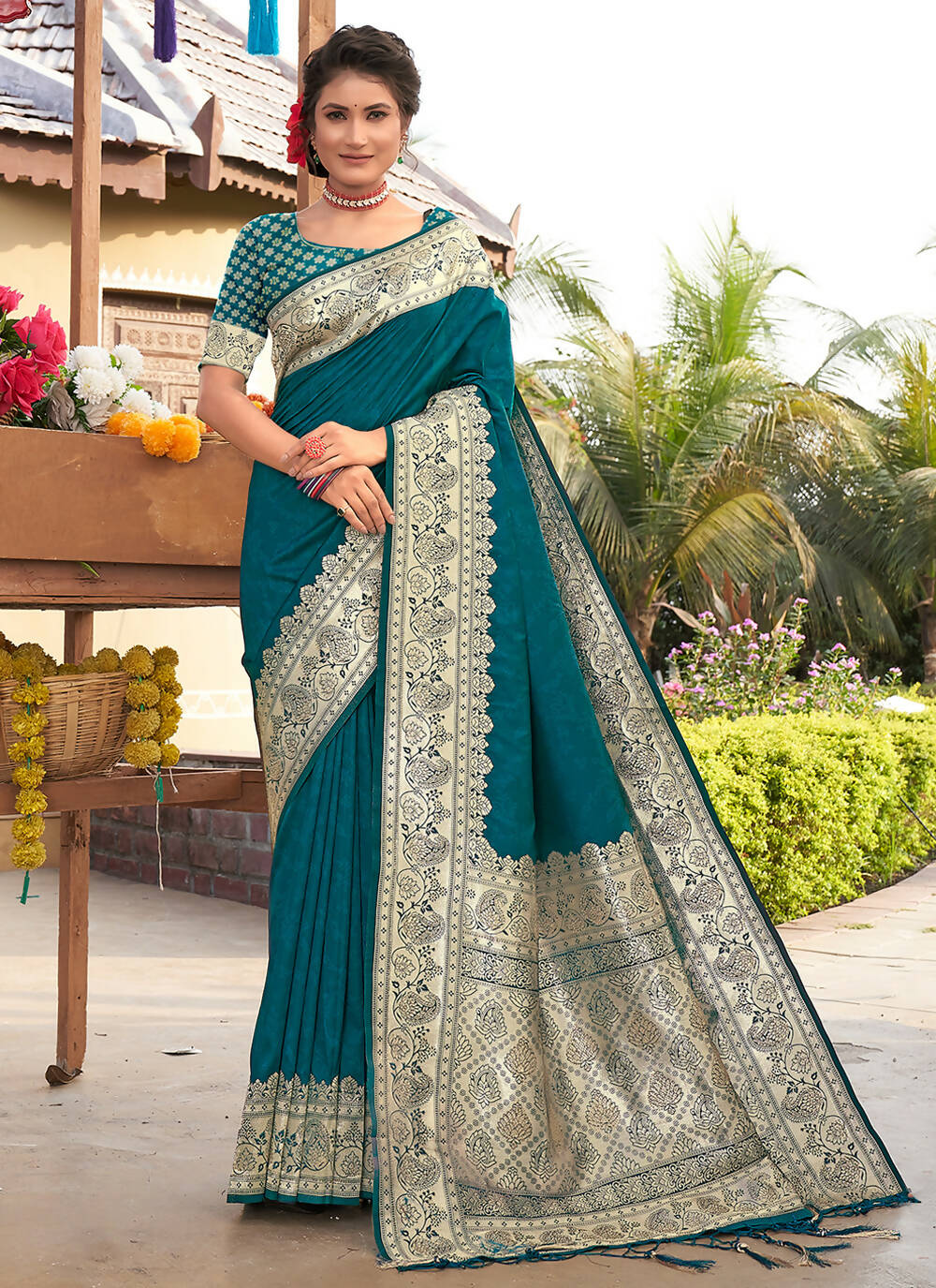 Blue Banarasi Silk Woven Design Saree with Unstitched Blouse Piece - Aachal | Swadesiicart