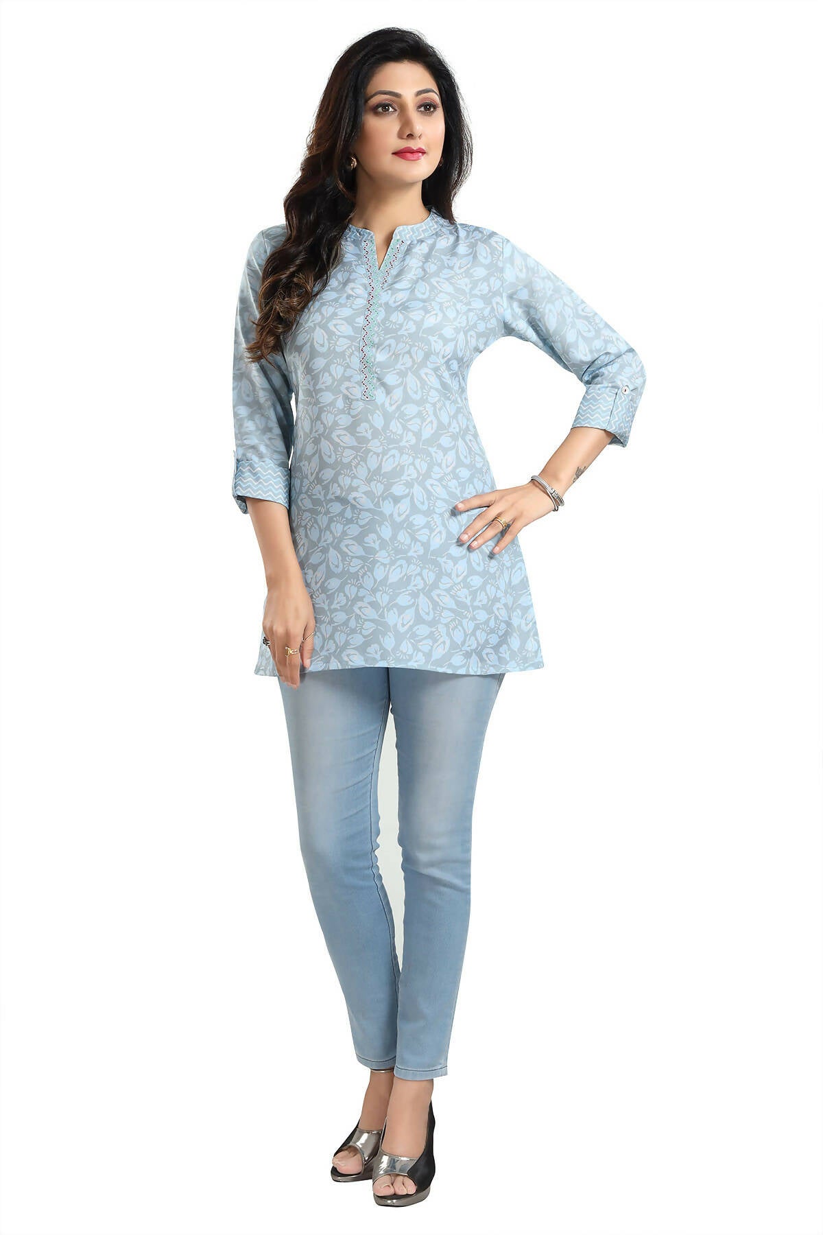 Snehal Creations Pretty Pastel Blue Rayon Short Kurti Tunic Top - Swadesiicart