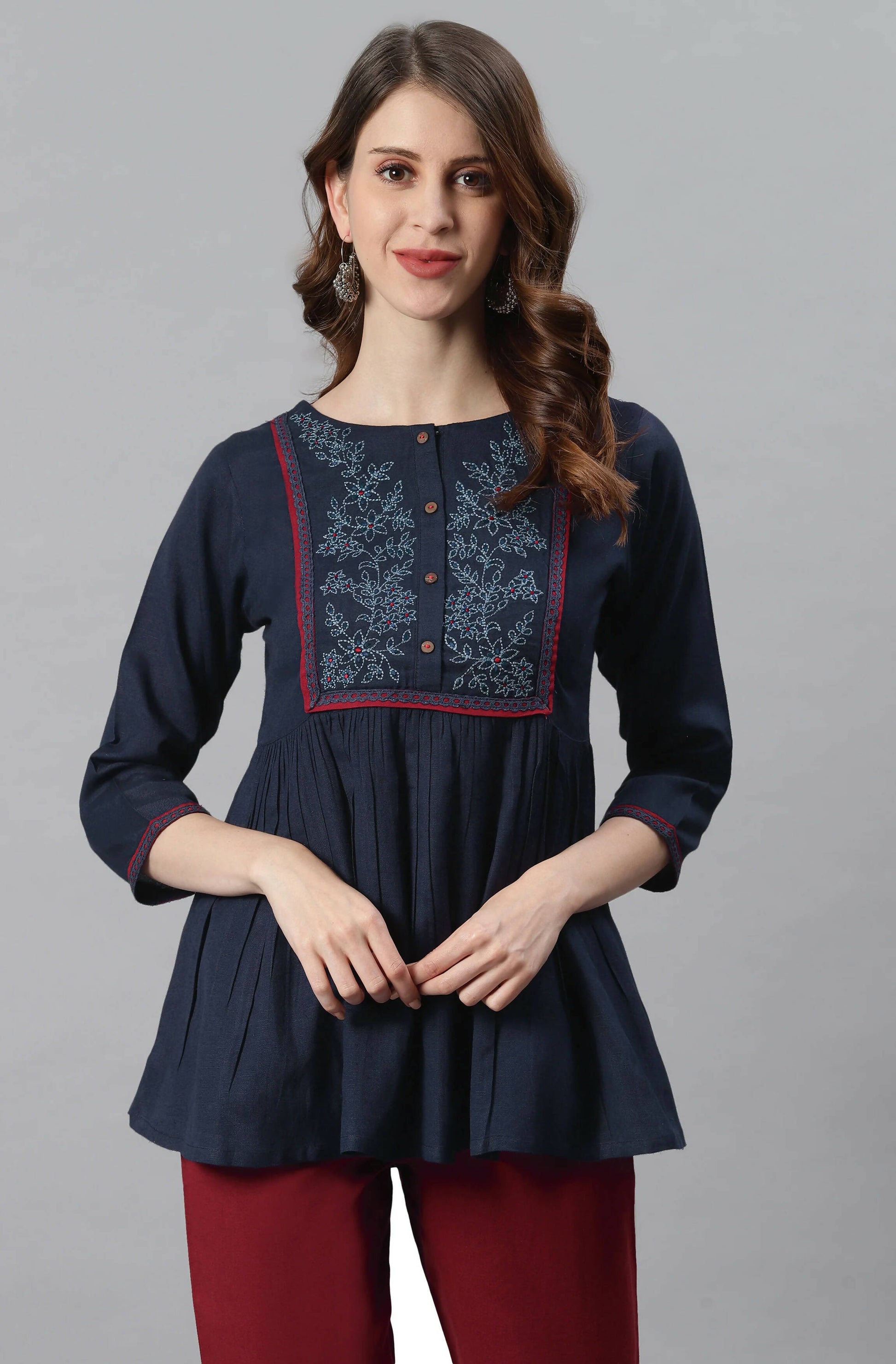 Janasya Women's Navy Blue Cotton Flex Embroidered Gathered Top | Swadesiicart