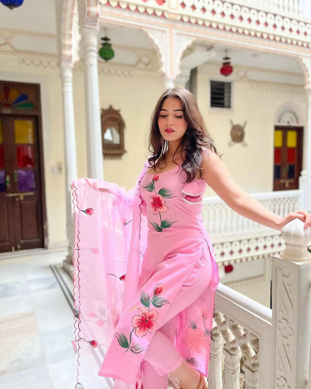 The52 Pink Women's Gorgeous Printed Viscose Fabric Straight Kurta Pant with Dupatta Set - Swadesiicart