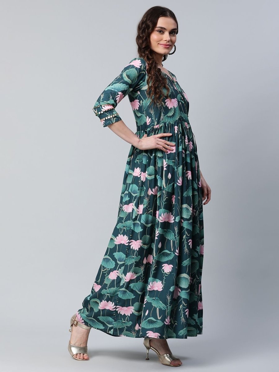 Ahalyaa Women Dark Green Crepe Digital Print Dress | Swadesiicart