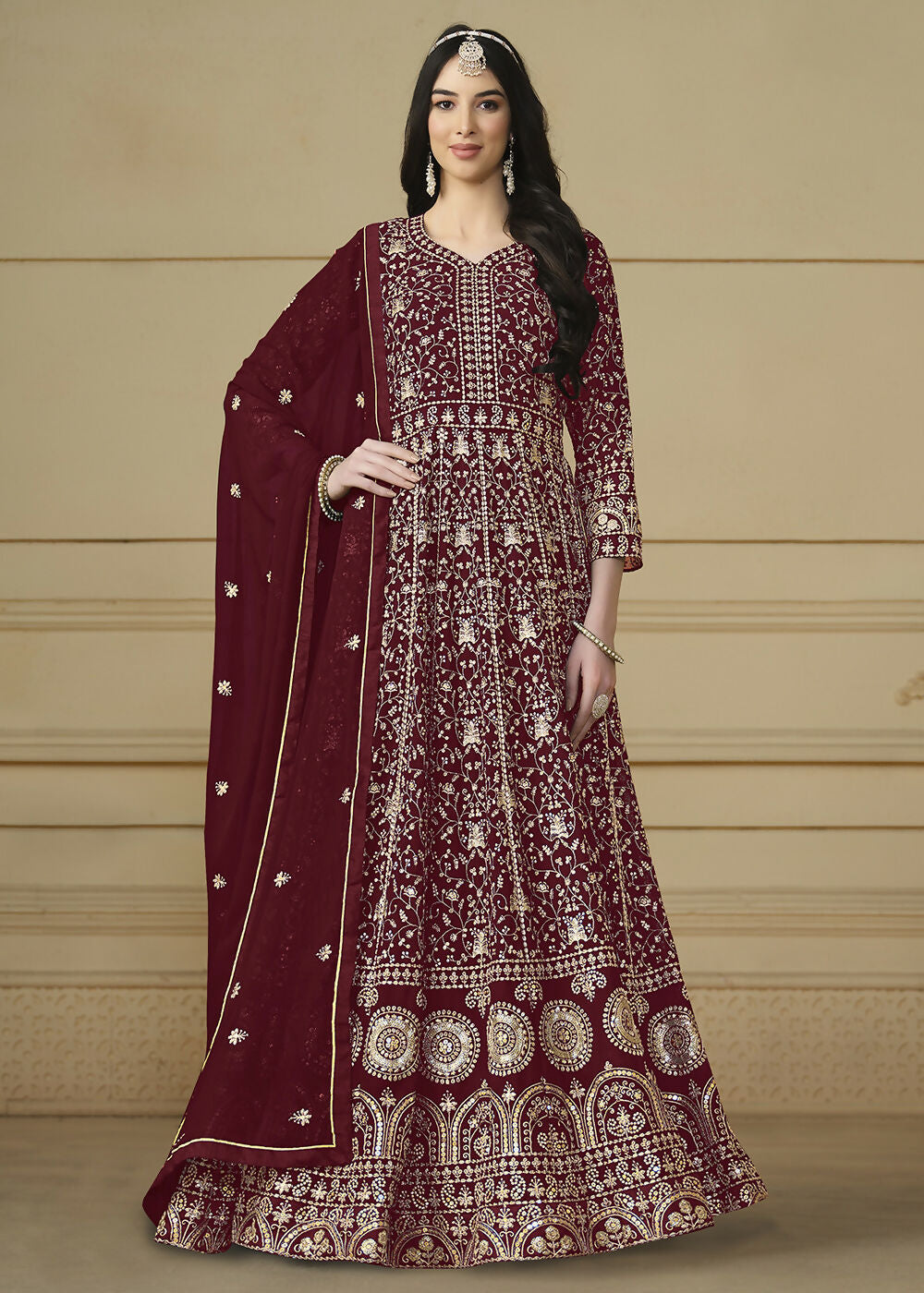 Maroon Embroidered Trendy Style Anarkali Suit - Emponline | Swadesiicart