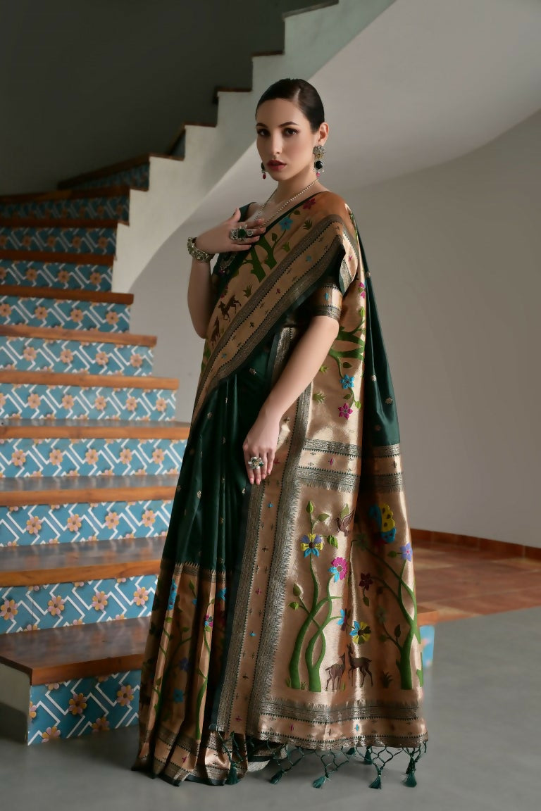 Vishnu Weaves Women's Bt-Green Paithani Silk Zari Woven Saree with Blouse - Swadesiicart
