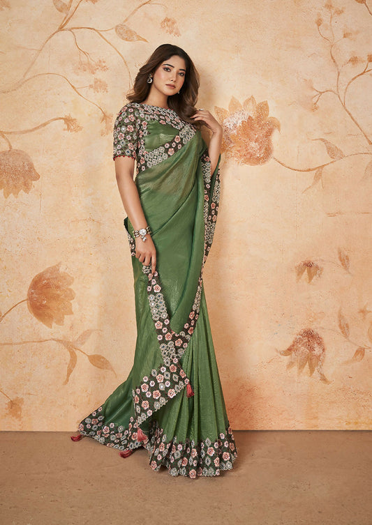 Green Banarasi Crush Silk Thread, Sequence, Cord Embroidered with Stone & Mirror Work Saree - Mohmanthan Dakshika | Swadesiicart