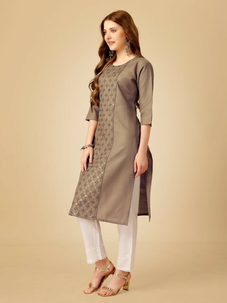 Jyoti Fashion Women's Khaki Cotton Blend Embroidered Kurta Pant Set | Swadesiicart