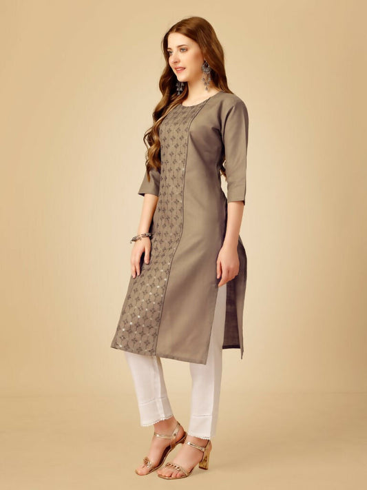 Jyoti Fashion Women's Khaki Cotton Blend Embroidered Kurta Pant Set