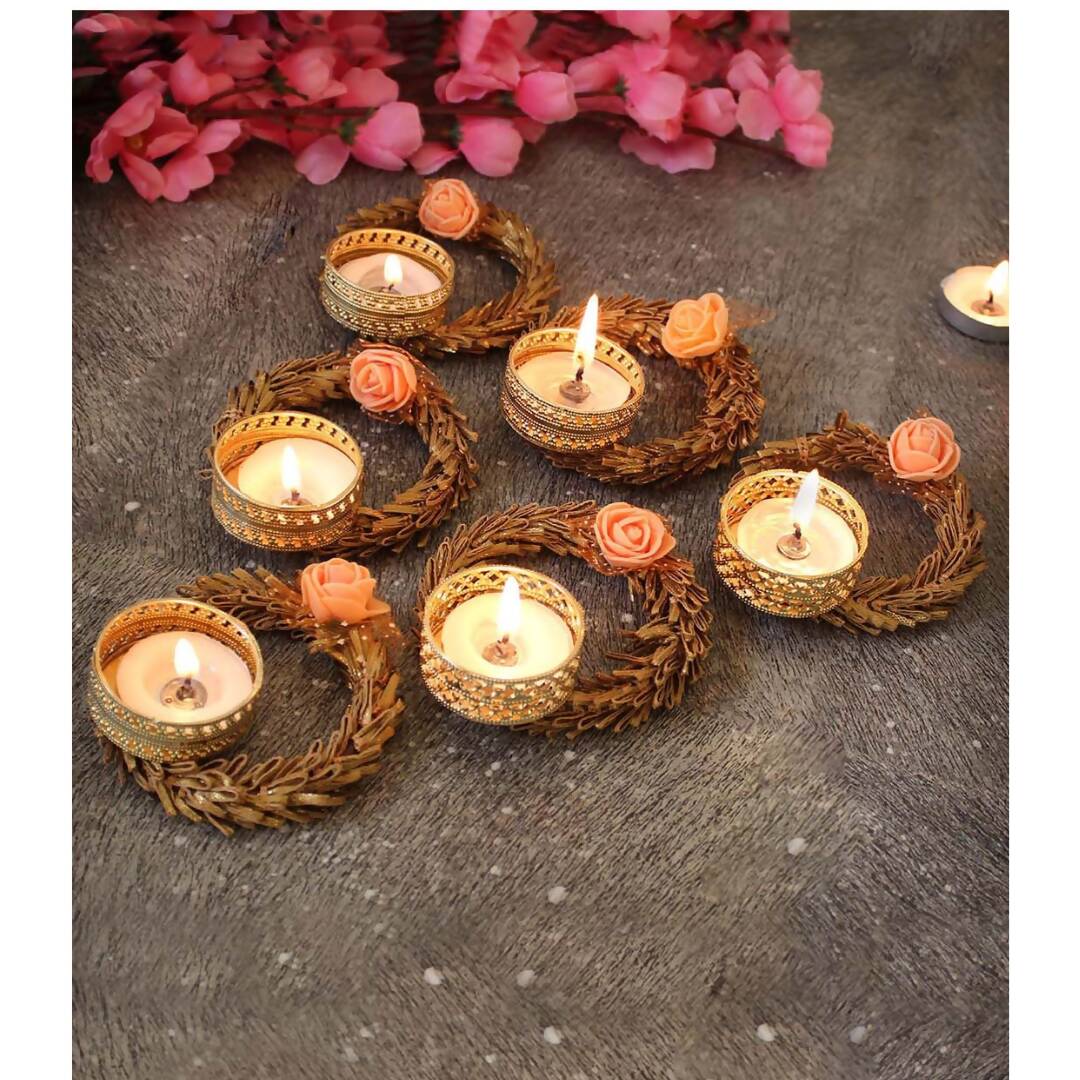 Tied Ribbons Set Of 6 Multicoloured Decoartive Artificial Flower Tealight Candle Holder | Swadesiicart