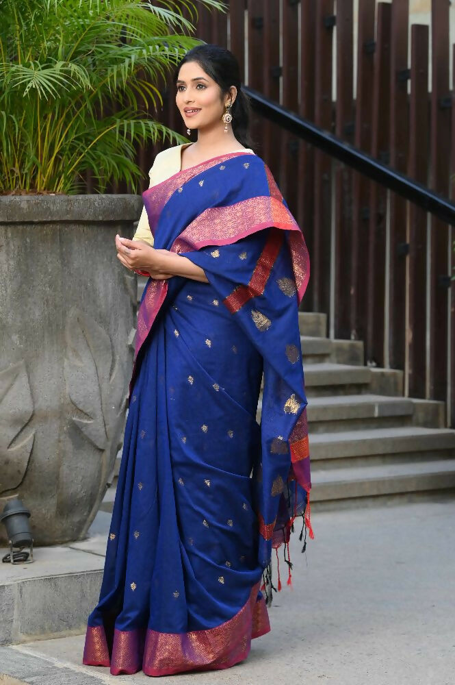 Beatitude Blue Cotton Banarasi Saree | Swadesiicart