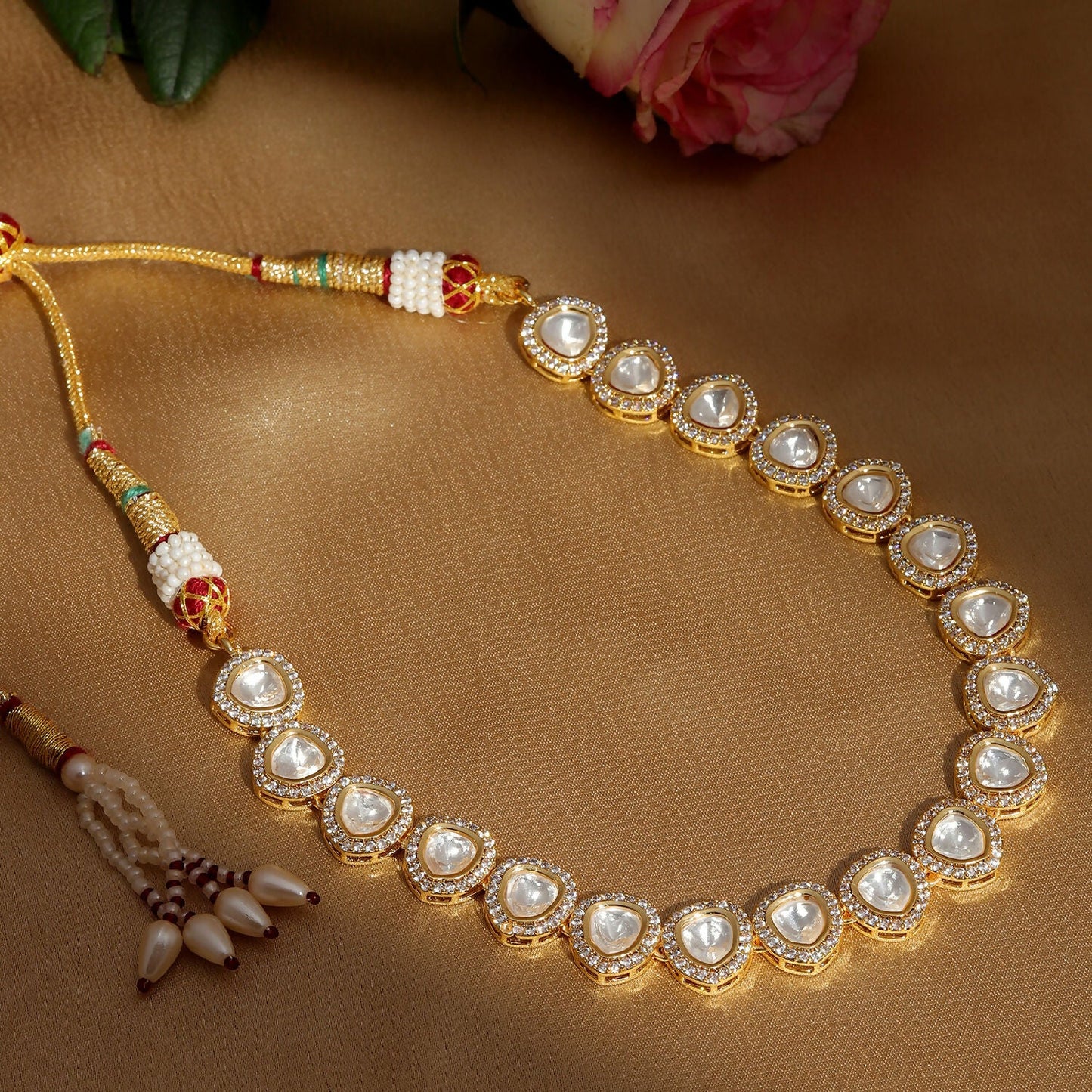 Kundan and Daimond Neckpiece in Brass (Gold) - Ruby Raang | Swadesiicart