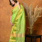 Very Much Indian Handloom Pure Cotton Linen Saree With Golden Border - Light Green | Swadesiicart
