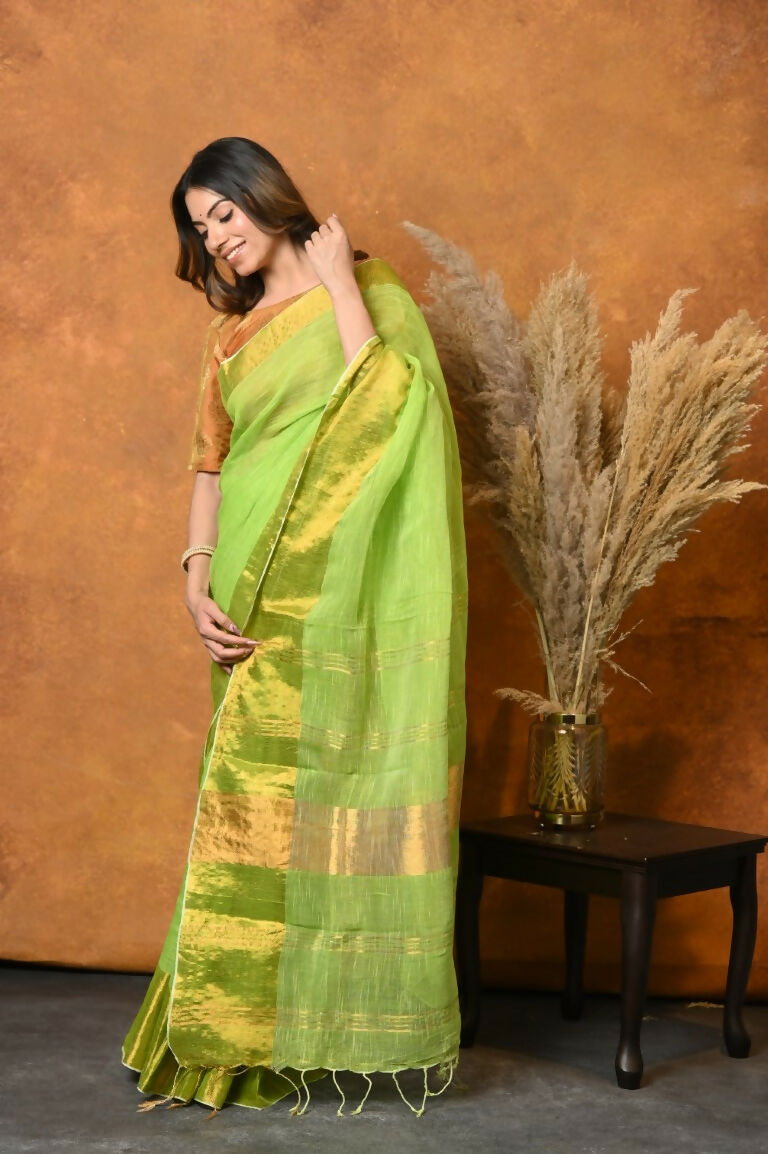 Very Much Indian Handloom Pure Cotton Linen Saree With Golden Border - Light Green | Swadesiicart