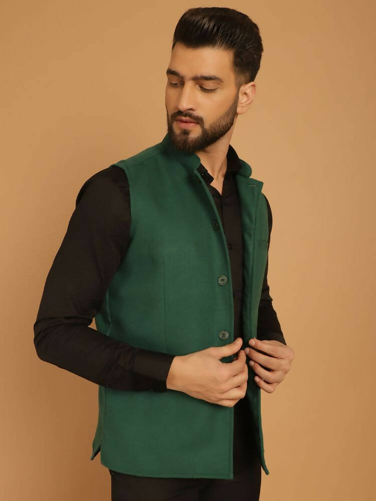 Even Apparels Pure Wool Nehru Jacket - Green | Swadesiicart