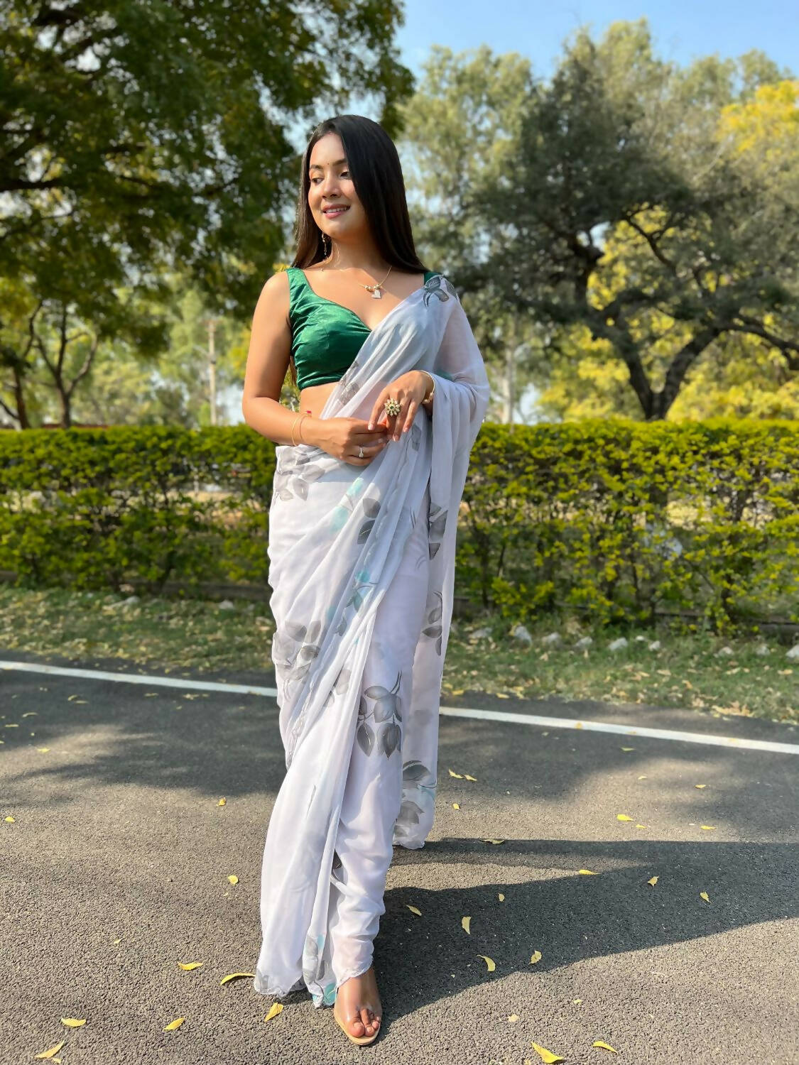 Vamsee Grey Chiffon Designer Saree - Swadesiicart
