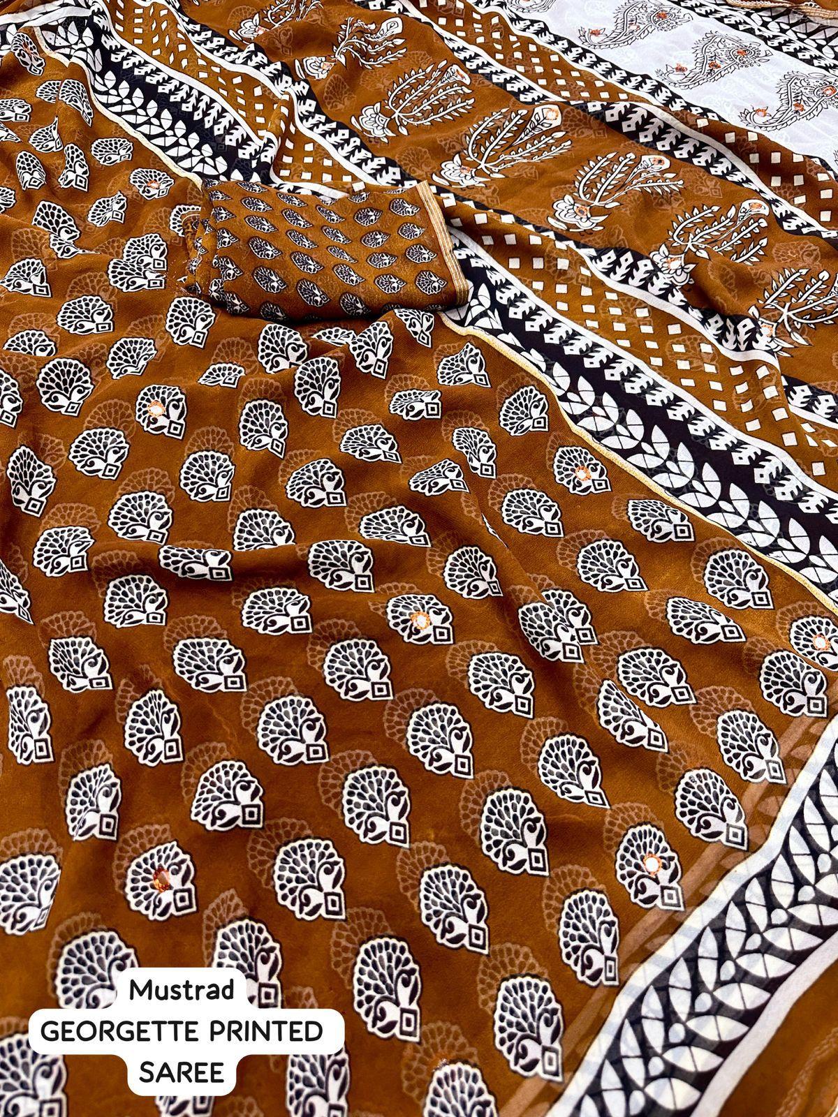 Mustard Poly Georgette Ajrak Saree with Unstitched Blouse - Hiral Fashion | Swadesiicart