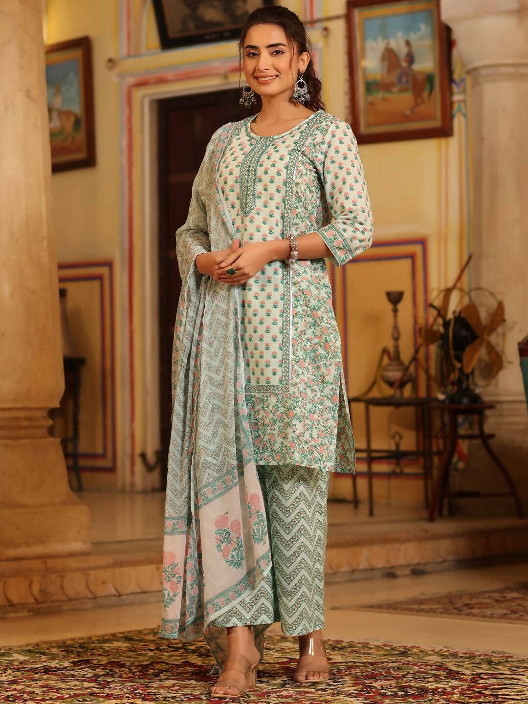 Juniper Women's Seagreen Cambric Floral Printed Kurta Palazzo Set | Swadesiicart