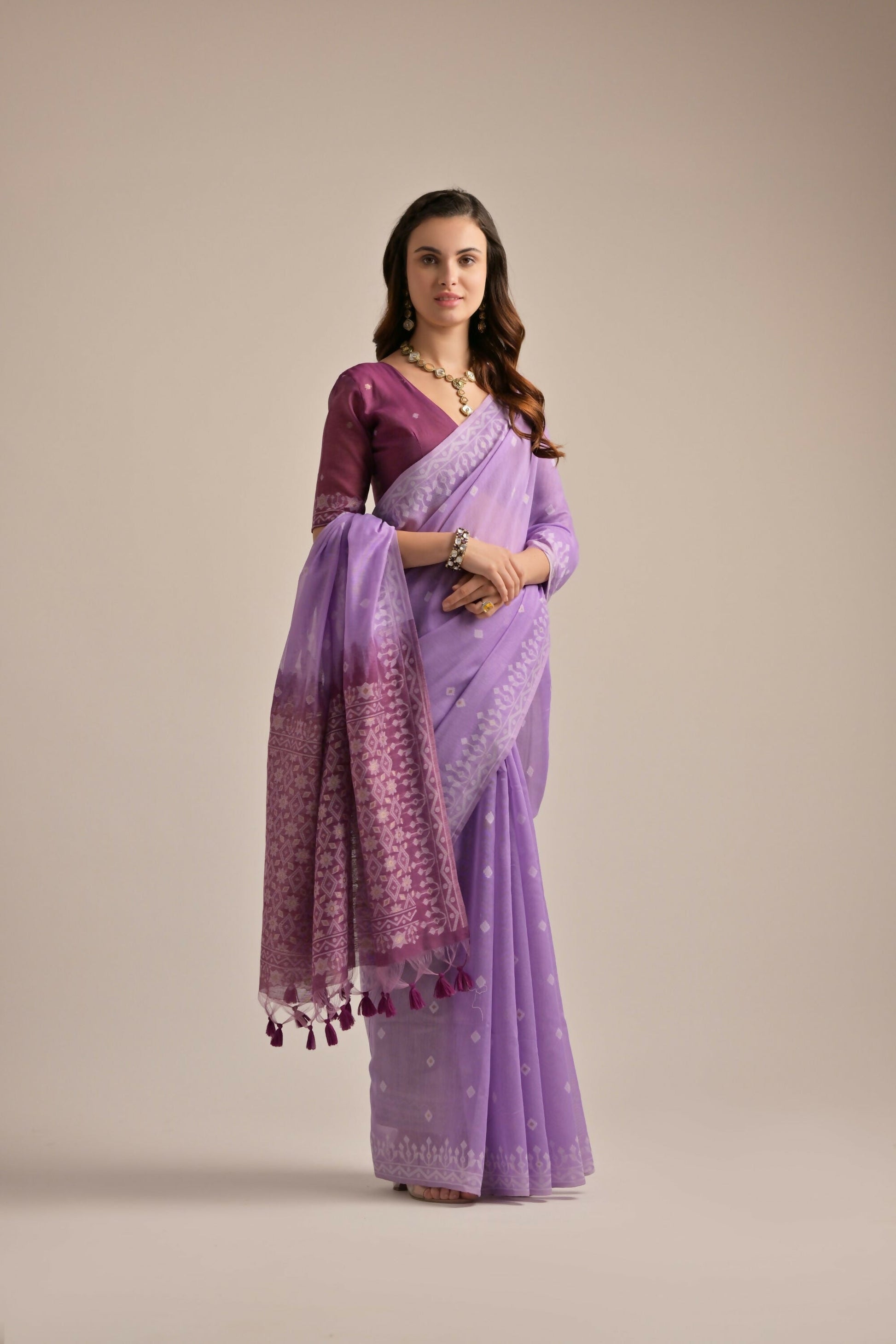 Vishnu Weaves Women's Lavender Muga Cotton Woven Saree with Blouse - Swadesiicart