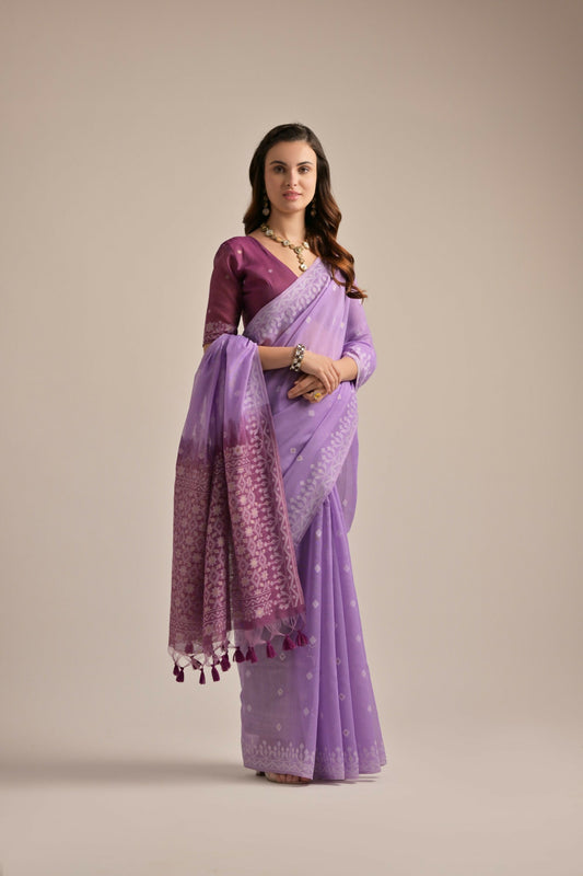 Vishnu Weaves Women's Lavender Muga Cotton Woven Saree with Blouse - Swadesiicart