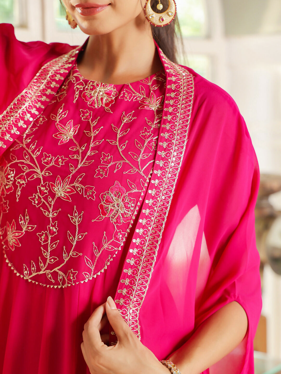Janasya Pink Georgette Embroidered Dress & Cape | Swadesiicart