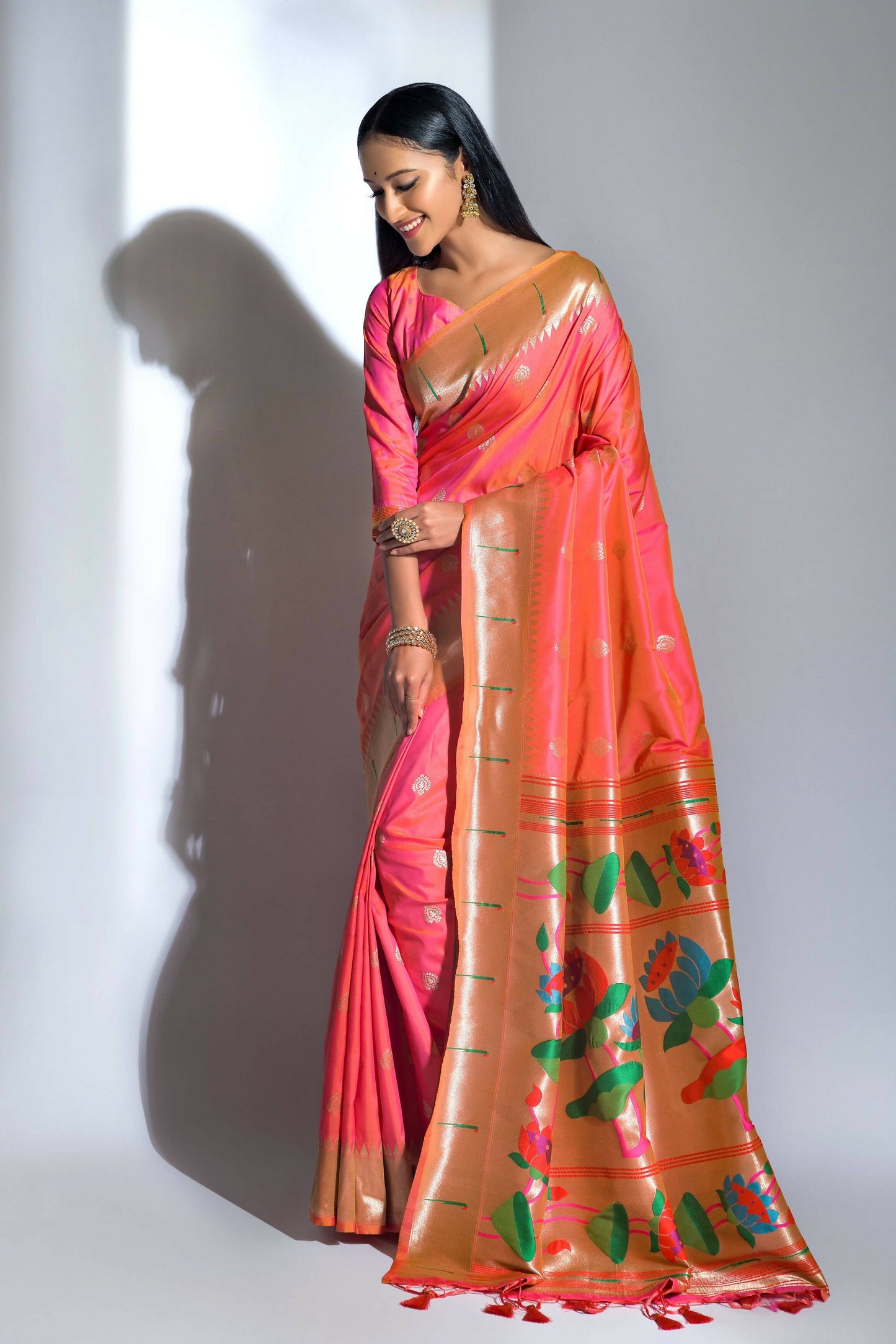 Vishnu Weaves Women's Gajri Paithani Silk Zari Woven Saree with Unstitched Blouse - Swadesiicart