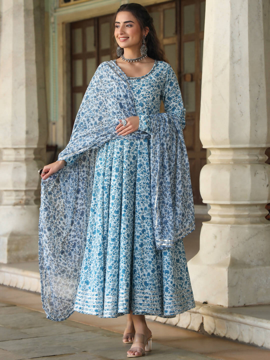 Juniper Women's Blue Cambric Floral Printed Circular Kurta Dupatta Sets | Swadesiicart