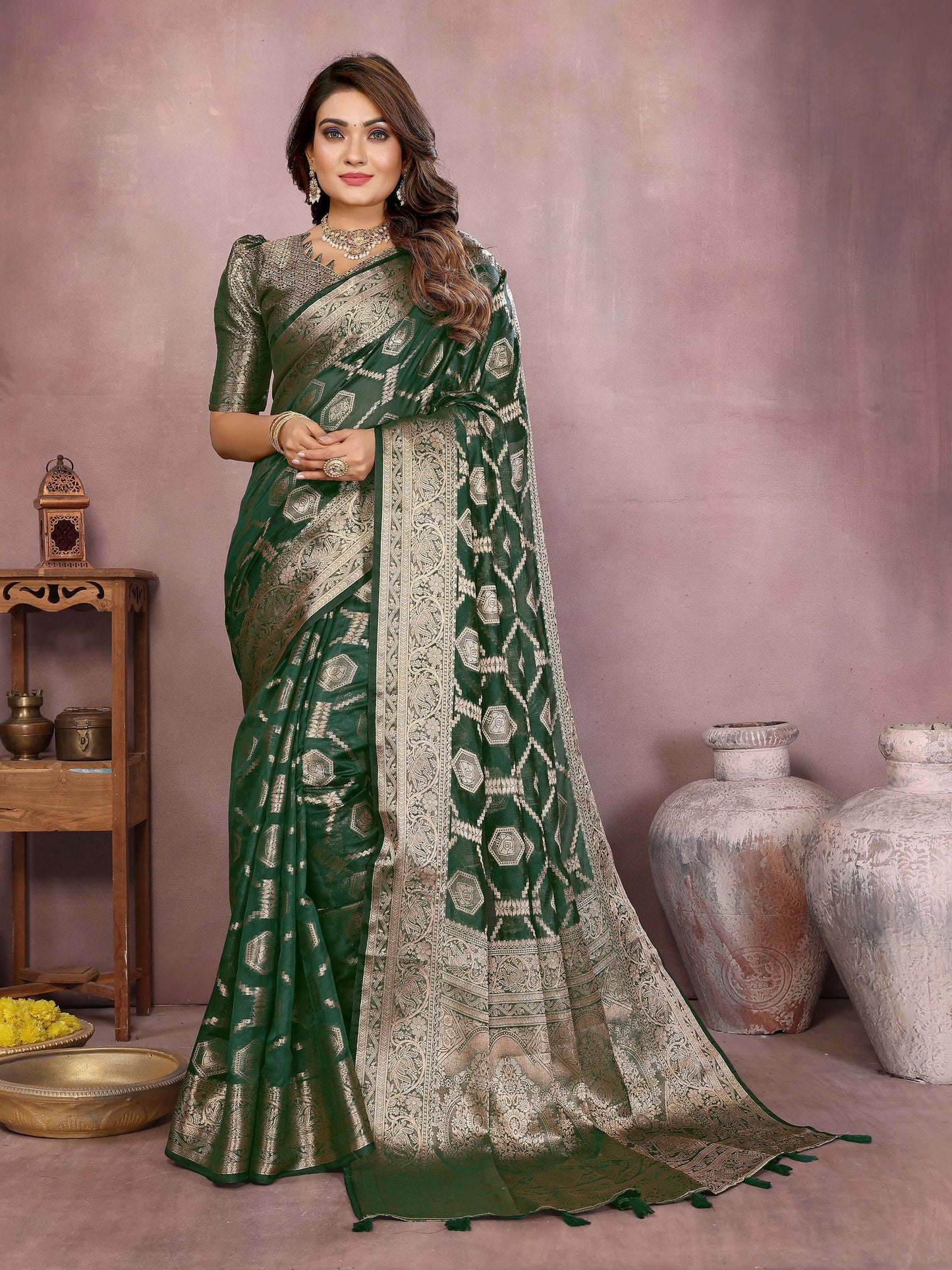 Aastha Fashion Green Soft Organza Silk Weaving Saree