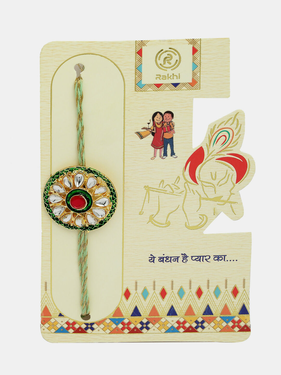 NVR Women & Men Set of 2 Gold Kundan-Studded Handcrafted Wraparound Rakhi Set With Roli Chawal | Swadesiicart