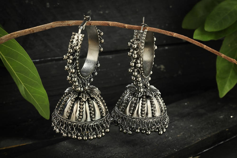 Mominos Fashion Johar Kamal Oxidised Silver-Plated With Ghungroo Jhumkas - Swadesiicart