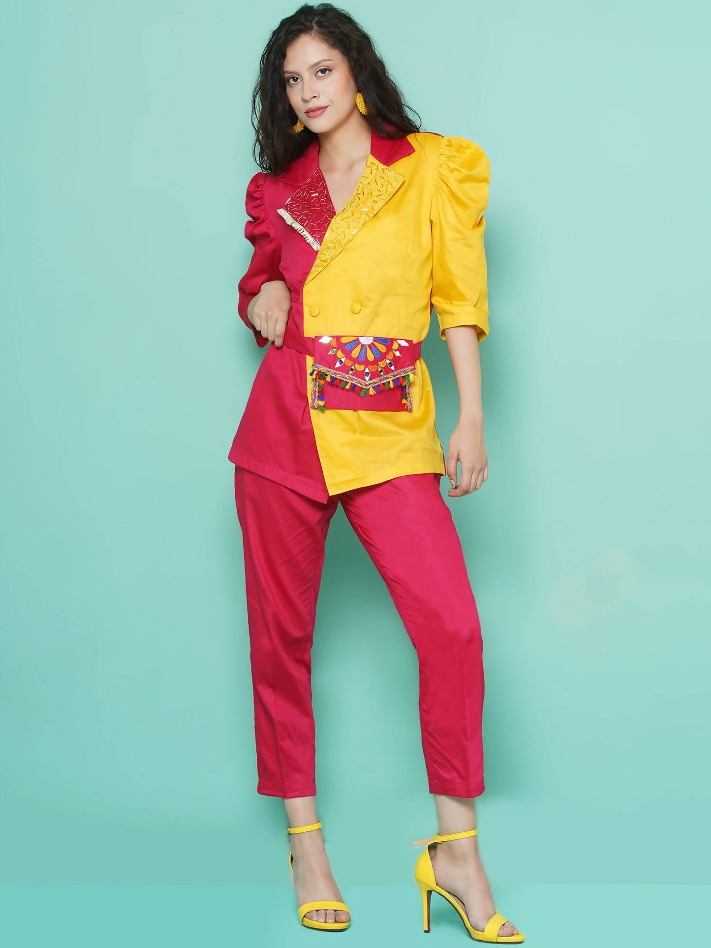 Women Republic Pink And Yellow Cotton Silk hand Embellished Coord set with Pouch | Swadesiicart