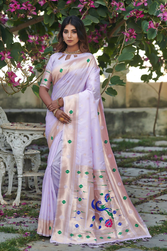 Vishnu Weaves Women's Purple Banarasi Silk Zari Woven Paithani Saree with Unstitched Blouse - Swadesiicart