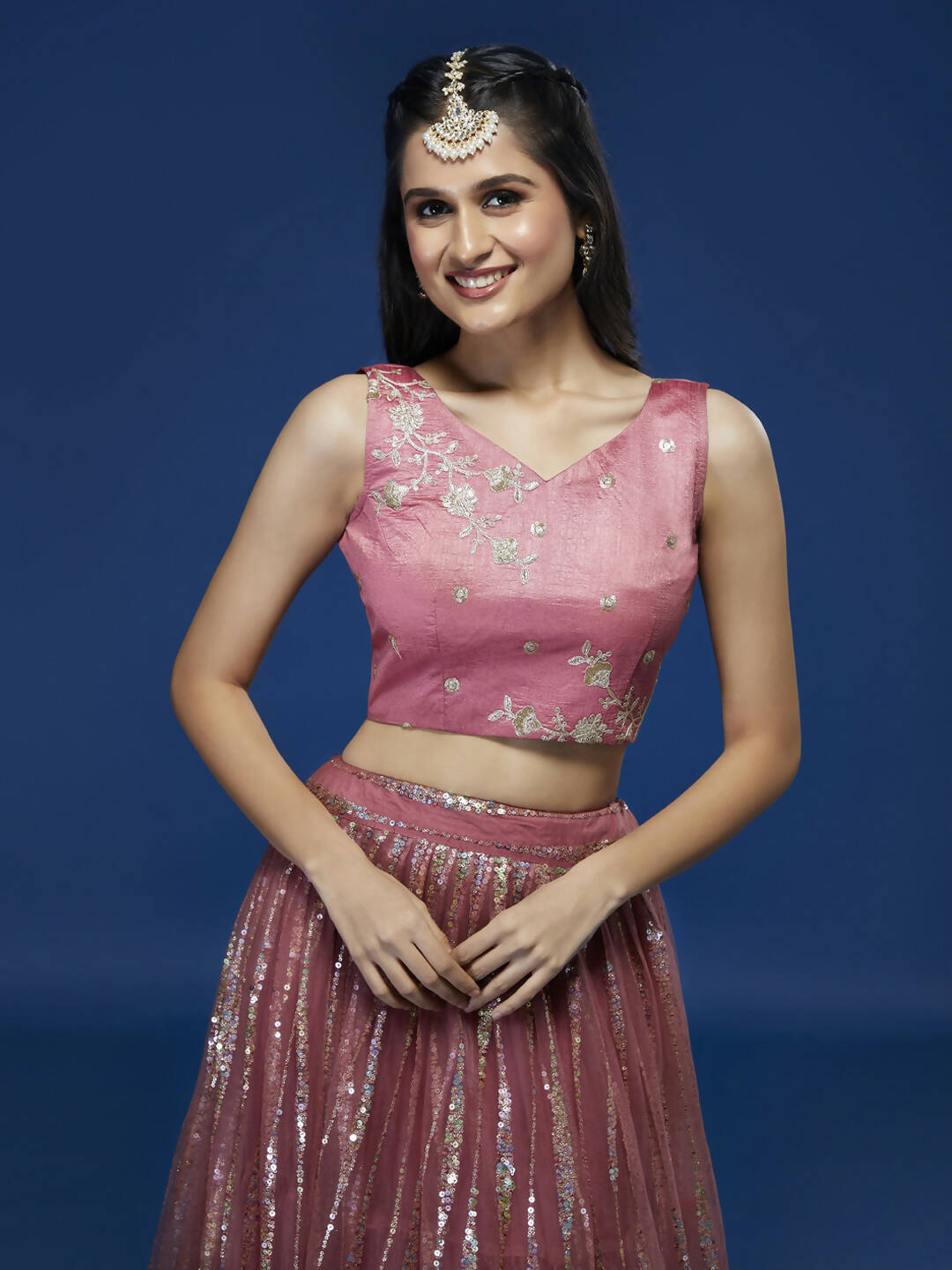 House of Panchhi Rose Gold Net Sequinse Work Lehenga & Blouse, Dupatta | Swadesiicart