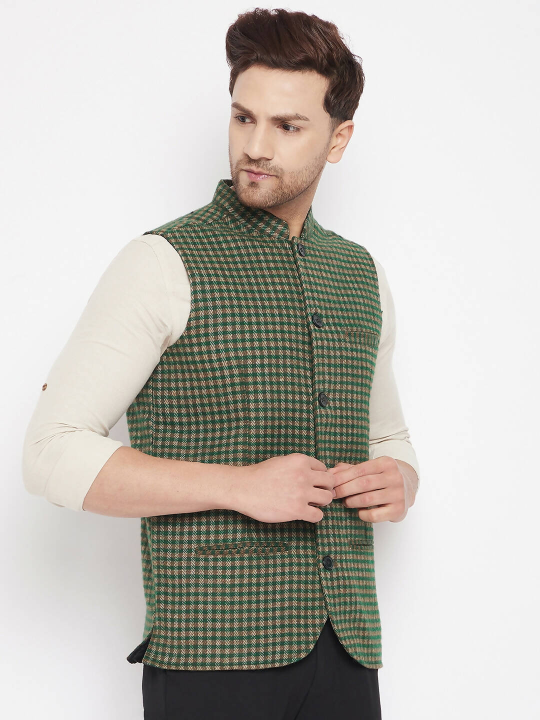 Even Apparels Green Wool Men Woven Nehru Jacket | Swadesiicart