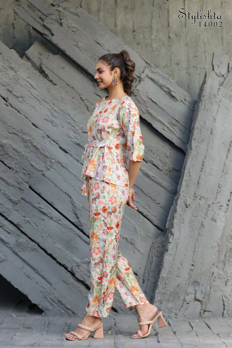 Women's Partywear Designer White & Multi Muslin co-ord set - Stylishta - Swadesiicart
