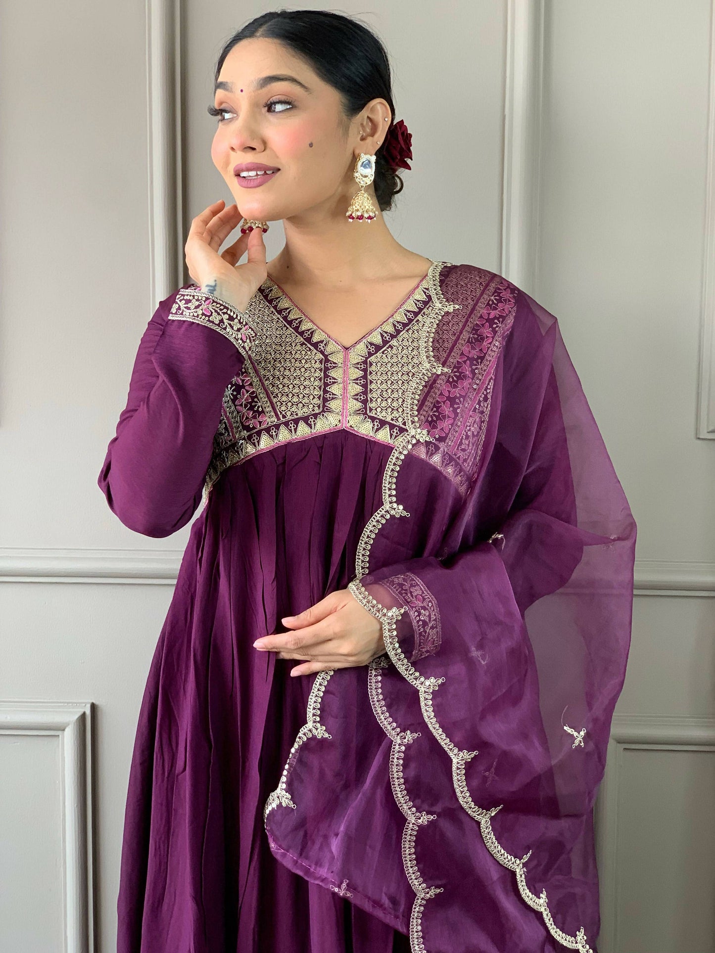 Partywear Designer Viscose Wine Stitched Suit With Dupatta - Tanisha | Swadesiicart