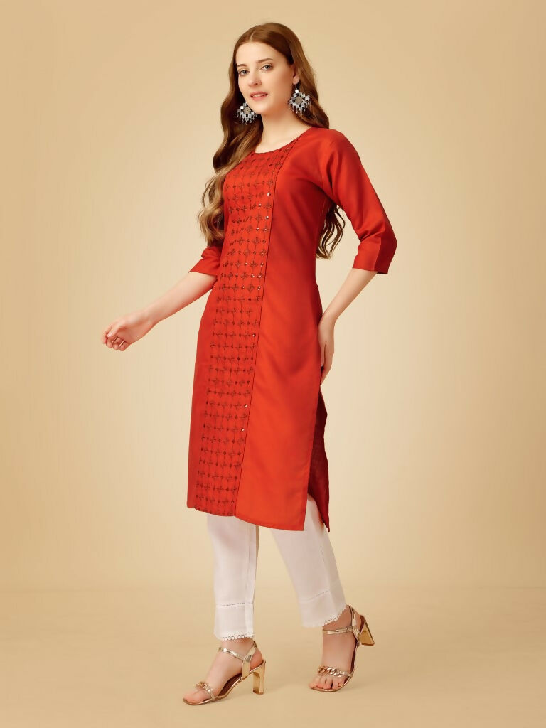 Jyoti Fashion Women's Rust Cotton Blend Embroidered Kurta Pant Set | Swadesiicart