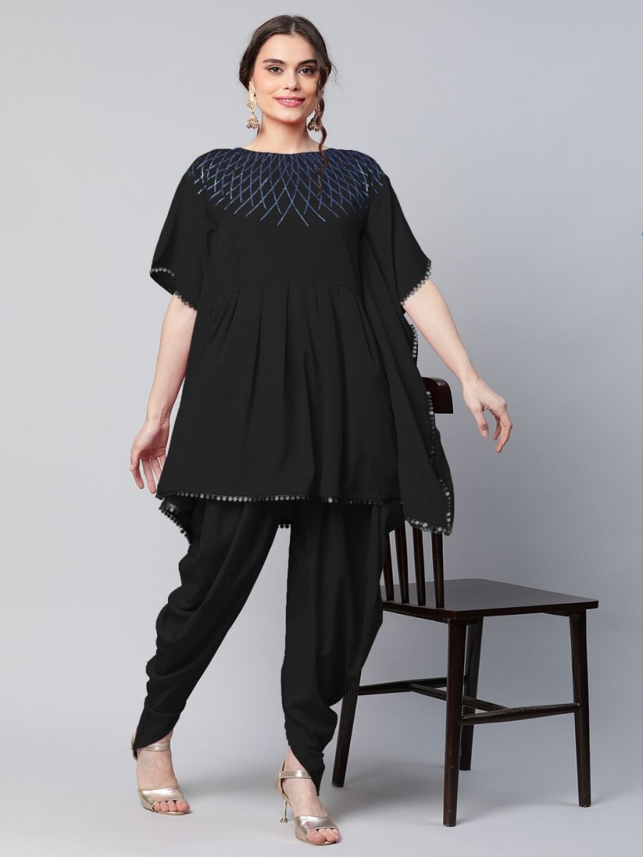 Ahalyaa Women Black Crepe Glitter Printed Kurta with Dhoti Pants | Swadesiicart