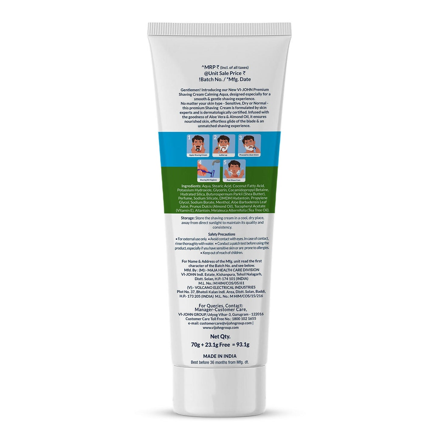 VI-JOHN Dermatologically Tested Premium Claming Aqua Shaving Cream Enriched with Aloevera & Almond Oil free From Silicone,Paraben & Mineral Oil | Swadesiicart