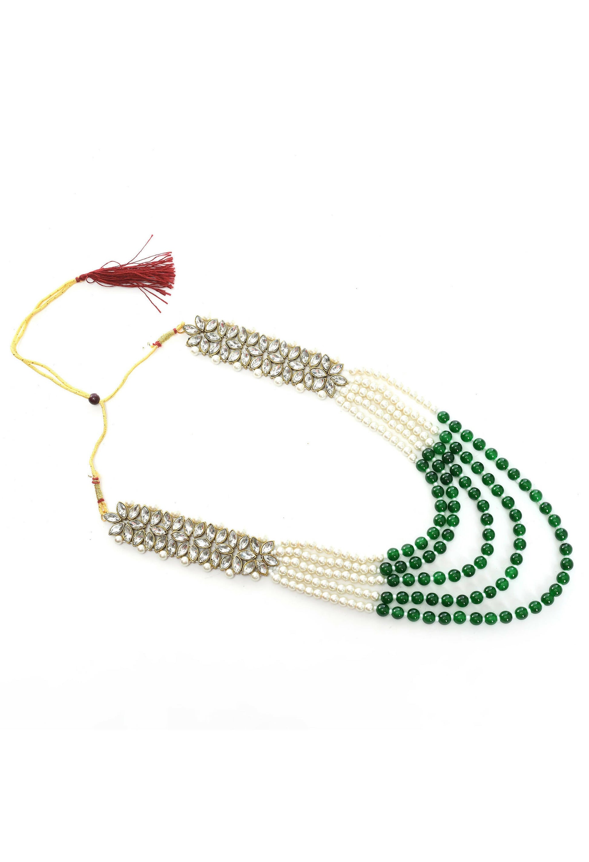 Mominos Fashion Johar Kamal Gold-Polished Rani Haar with Green and Off white Pearls Jewellery Set - Swadesiicart