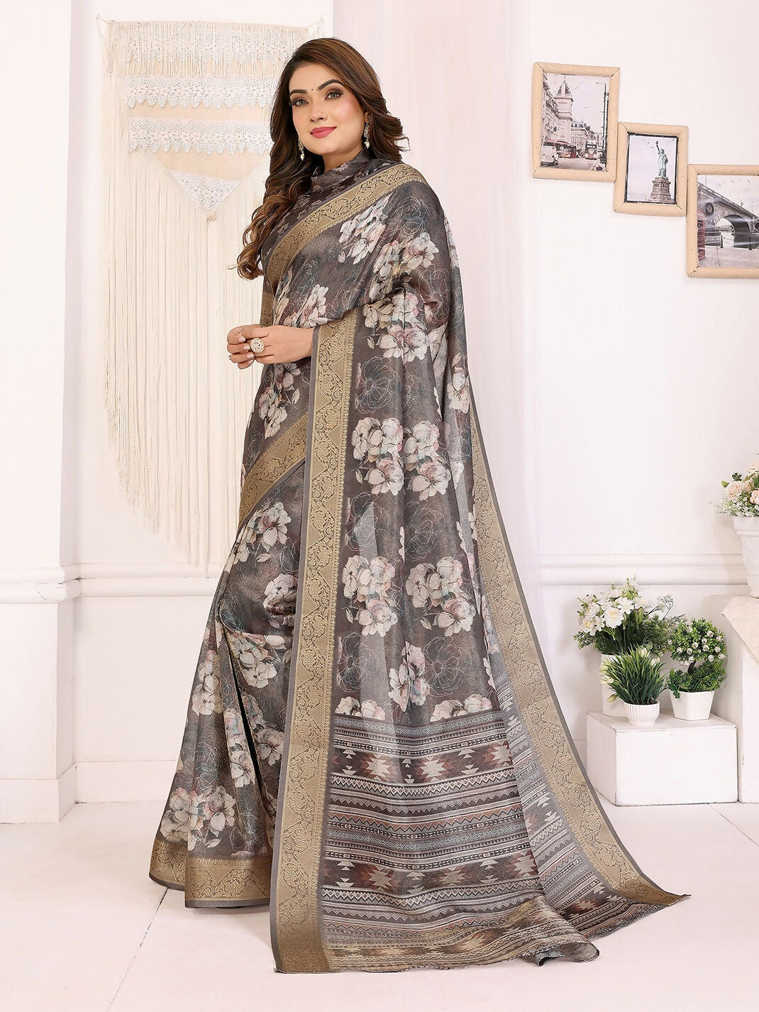 Joban Fashion Dark Grey Floral Print pattern Banarasi Silk Sarees | Swadesiicart