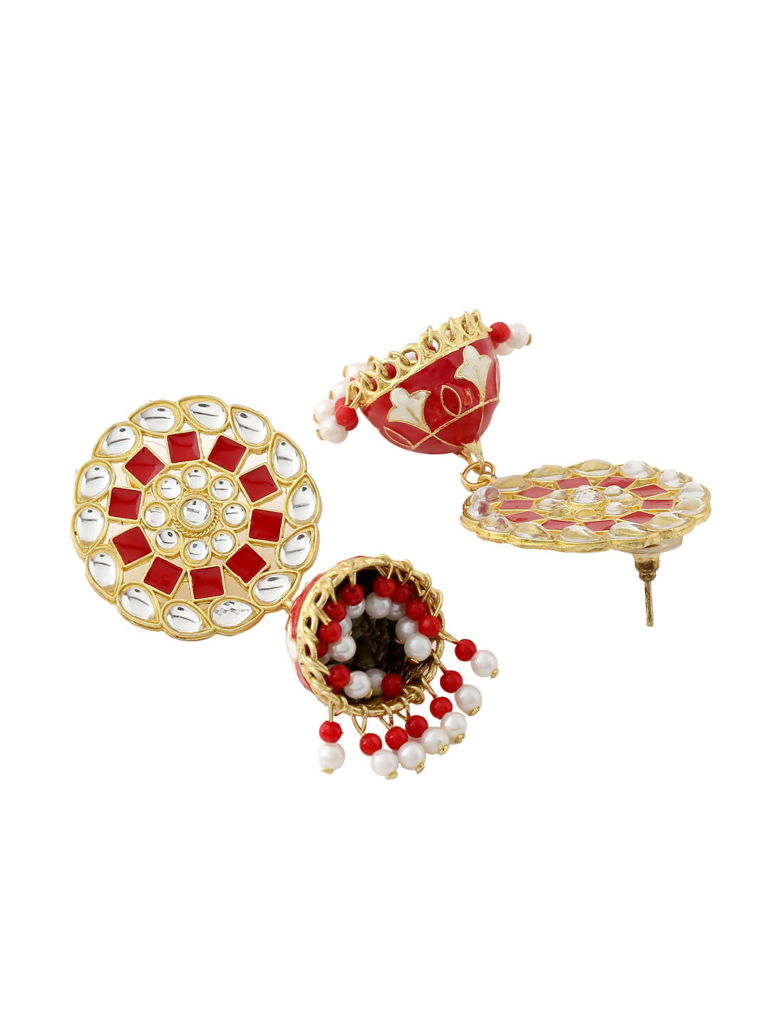 NVR Women Gold-Polished Red Dome Shaped Meenkari Jhumkas Earrings | Swadesiicart