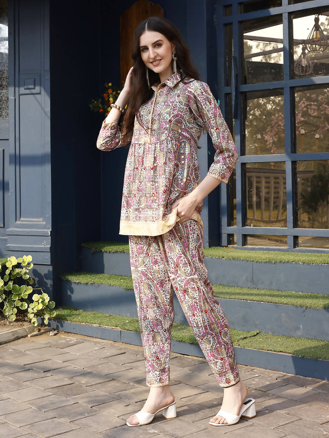 Pink & Beige Rayon Floral Printed Top with Matching Bottom - Eesha - Swadesiicart