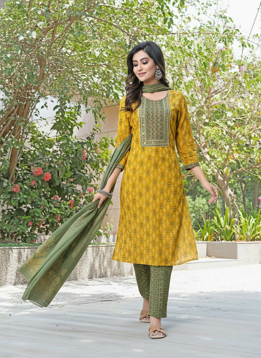 BulBul Aaliya Mustard Cotton Kurta Set with Dupatta - Swadesiicart