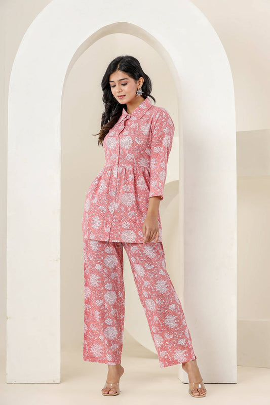 Kaajh Women's Pink Printed Cotton Co-ord Set - Swadesiicart