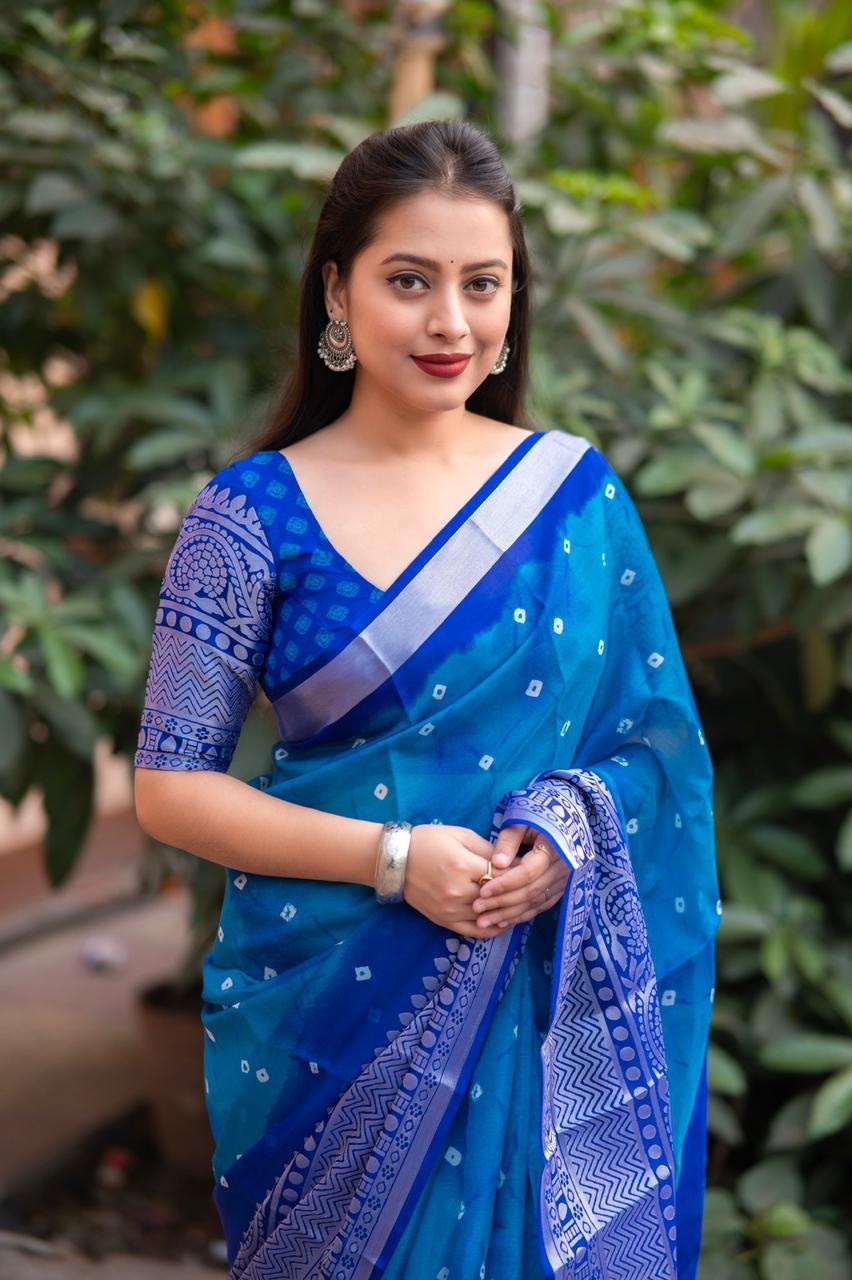 Blue Jute Silk Ethnic Motifs Saree with Unstitched Blouse - Hiral Fashion | Swadesiicart
