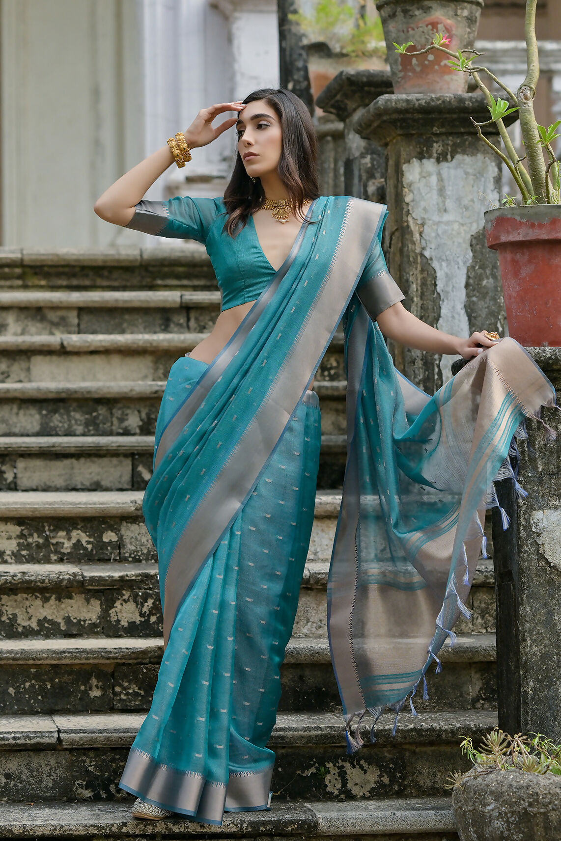 Vishnu Weaves Women's Rama Soft Tissue Silk Zari Woven Saree with Blouse - Swadesiicart