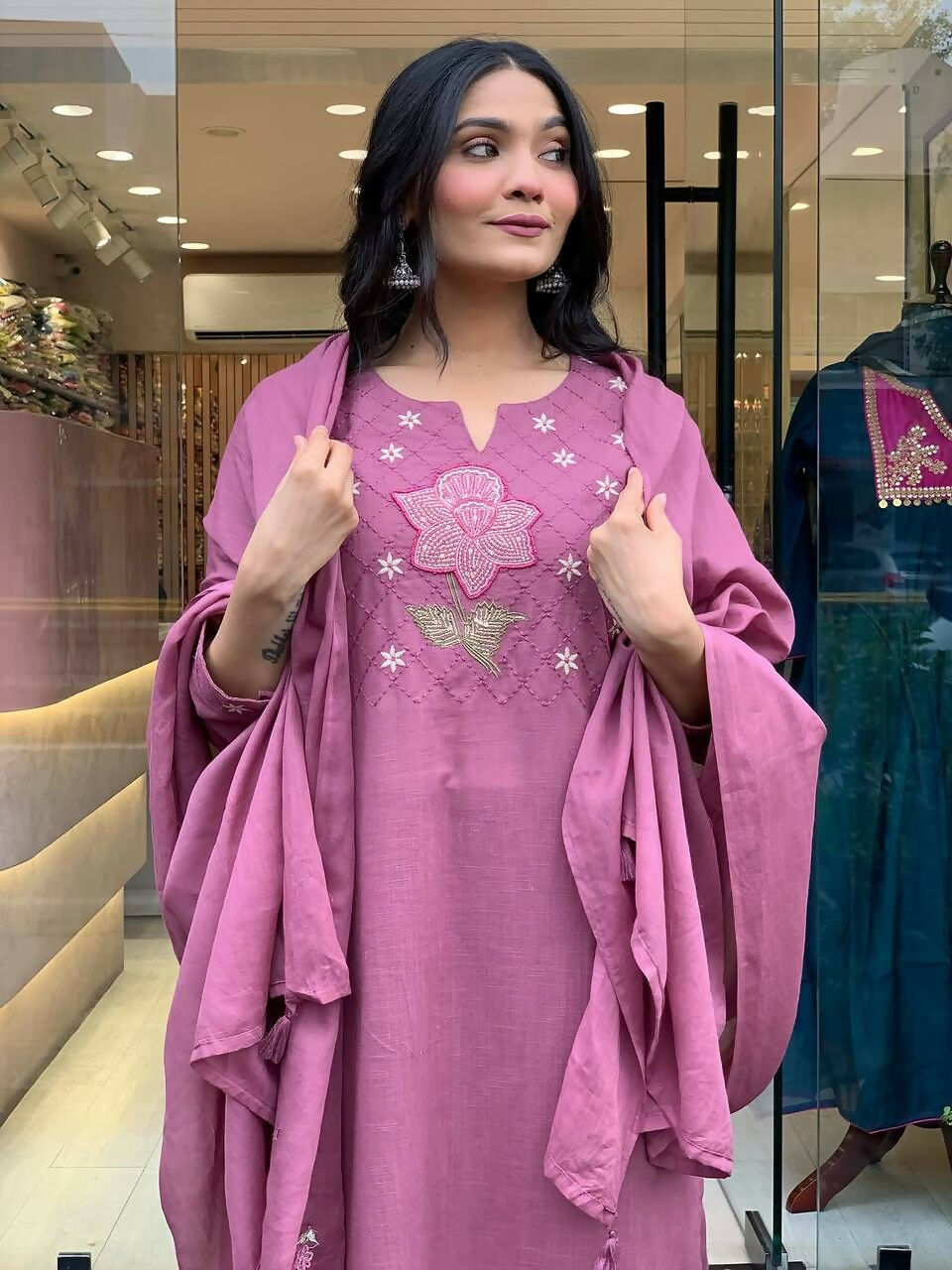 The52 Peach Women's Gorgeous Embroidered Cotton Fabric Straight Kurta Pant with Dupatta Set - Swadesiicart