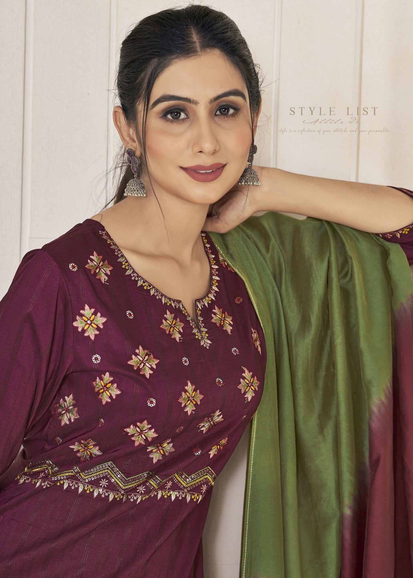 Jyoti Fashion Women's Wine Pure Viscose Weaving Stripe with Embroidery Kurta Set | Swadesiicart