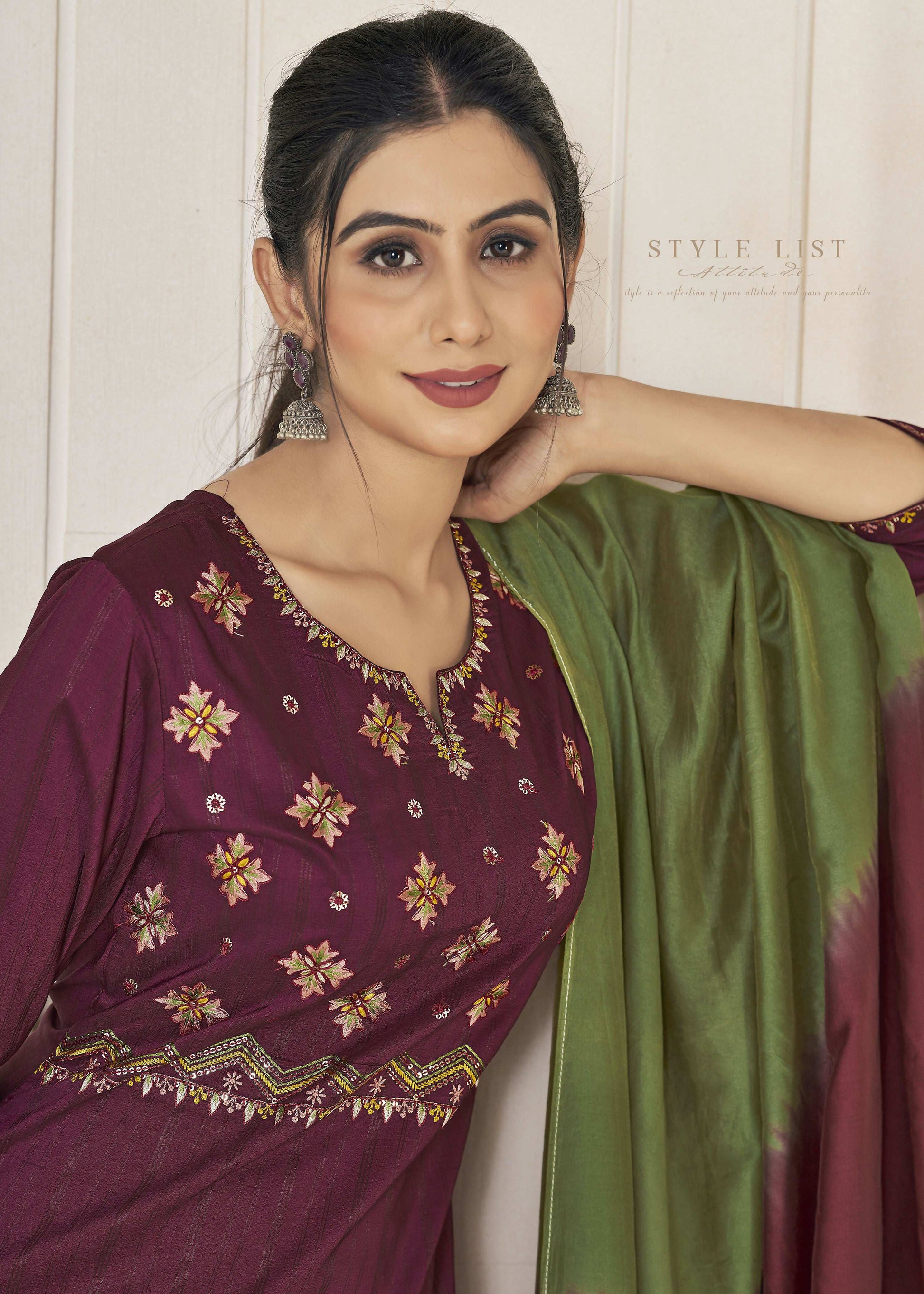 Jyoti Fashion Women's Wine Pure Viscose Weaving Stripe with Embroidery Kurta Set | Swadesiicart